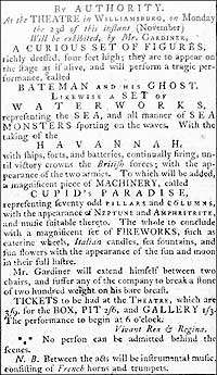 An entertainment, with puppets, visited Williamsburg in 1772.