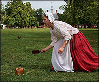 Trap-ball, and such variants as stool-ball and base-ball, are common ancestors of our baseball. In a game of trap-ball, Wilhemina Grow strikes the lever in the trap, which flips the ball in the air. She then swings away, hoping no one makes a catch for an out.