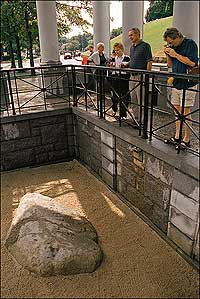 Plymouth Rock

 A re-creation of Jamestown's Fort, left, trails a dismal, distant second to the <i>Mayflower</i> as symbol of America's founding.