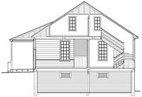 Cutaway view of Charlton’s Coffehouse: one-and-a-half stories, with basement. The porch faces Duke of Gloucester Street.