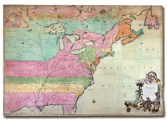 John Mitchell’s 1775 map shows British colonies extending indefinitely west, overriding rival French claims.