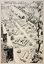 Thomas Mott Shaw drawings; Sketches made by one of the principal partners in the Boston architectural firm of Perry Shaw & Hepburn which was responsible for the early restoration and reconstruction of Williamsburg's historic area.  Most appear to be drawn during 1933;  Graphite on heavy paper; Governor's Palace gardens; Bird's-eye view of boxwood parterre; 31.5 x 45.5 cm