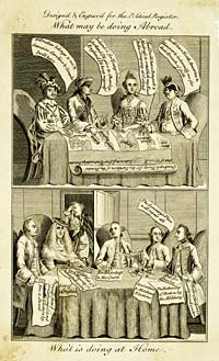 England’s rivals haggle over dividing its empire while, bottom, ministers at home quarrel and George III weeps in back.